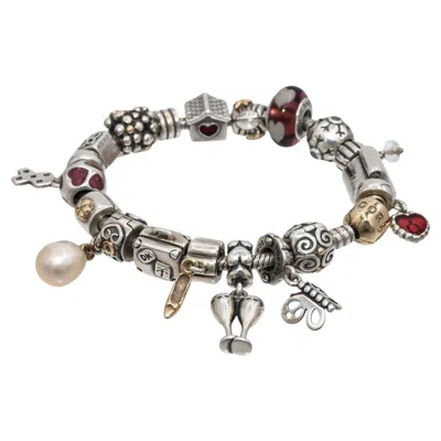 Pre-owned Pandora Sterling Silver And 14k Yellow Gold Slider Charm Bracelet