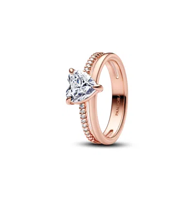 Pandora Sterling Silver Double Band Heart Ring In Rose Gold Plated
