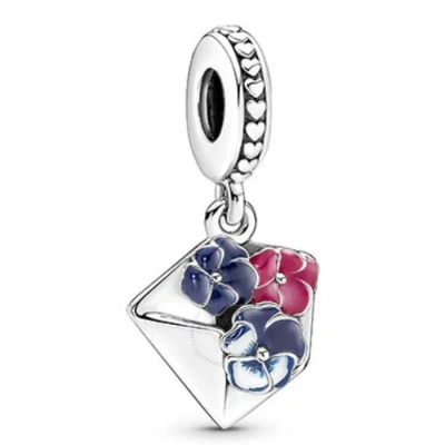 Pandora Sterling Silver Pansy Flower Envelope Dangle Charm In Metallic