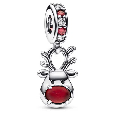 Pandora Sterling Silver Red Nose Reindeer Murano Dangle Charm In Silver Tone