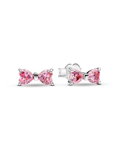 Pandora Sterling Silver Sparkling Bow Stud Earrings In Pink