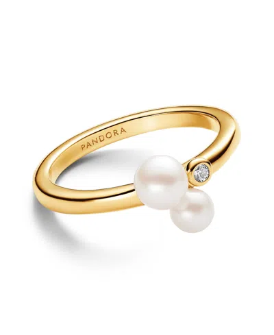Pandora Sterling Silver Timeless Duo Treated Freshwater Cultured Pearls Ring In Gold