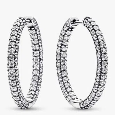 Pandora Sterling Silver Timeless Pave Single-row Hoop Earrings In Yellow