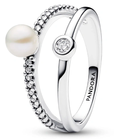 Pandora Sterling Silver Timeless Treated Freshwater Cultured Pearl Pave Double Band Ring