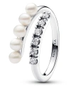 Pandora Sterling Silver Timeless Treated Freshwater Cultured Pearls Pave Open Ring In Silver