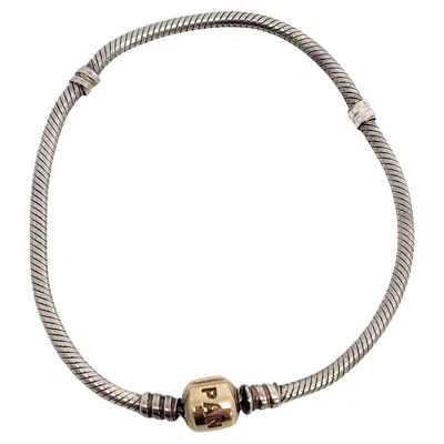 Pre-owned Pandora Sterling Snake Chain Bracelet 14k Yellow Gold Clasp 7.9" 590702hg #14760