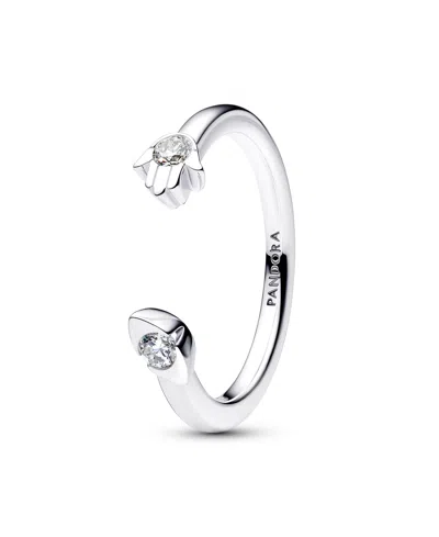 Pandora Talisman Sterling Silver Lab-grown Diamond Evil Eye Hamsa Hand Open Ring In Metallic