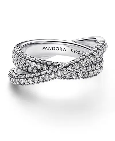 Pandora Timeless Sterling Silver Pave Crossover Dual Band Ring In Clear