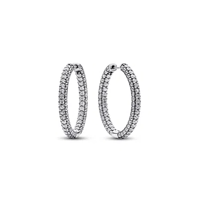 Pandora Timeless Sterling Silver Pave Single-row Hoop Earrings In Clear
