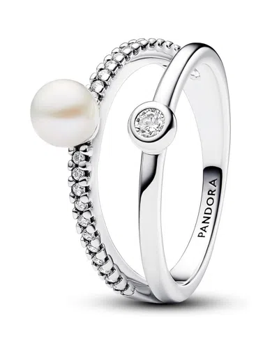 Pandora Treated Freshwater Cultured Pearl & Pave Double Band Ring In Multi