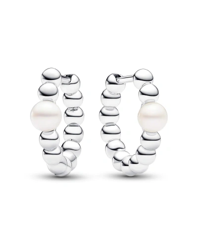 Pandora Treated Freshwater Cultured Pearl Beads Hoop Earrings In Silver