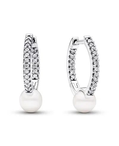 Pandora Treated Freshwater Cultured Pearl Pave Hoop Earrings In Silver