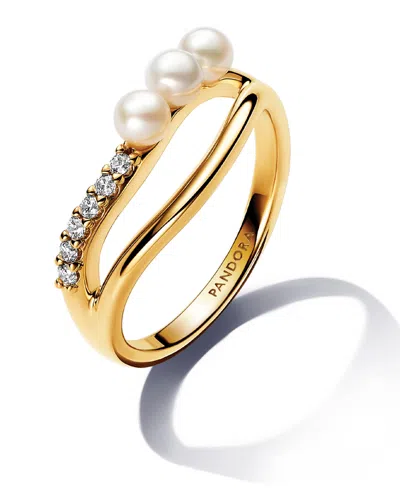 Pandora Treated Freshwater Cultured Pearl Shaped Double Band With Clear Cubic Zirconia Stone Ring In 14k Gol In Gold