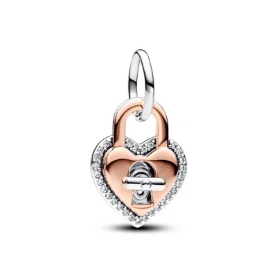 Pandora Women's Two-tone Twistable Heart Padlock Double Dangle Charm In Rose Gold-plated