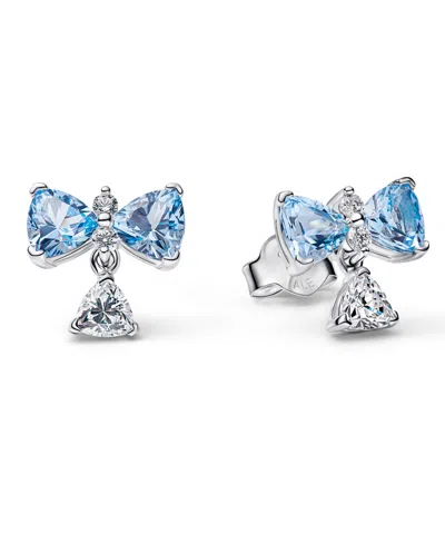 Pandora X Bridgerton Blue Bow Stud Earrings In Silver