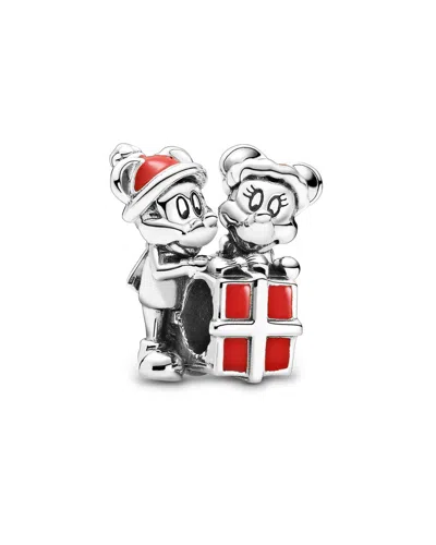 Pandora X Disney Silver Mickey Mouse & Minnie Mouse Present Charm In Metallic