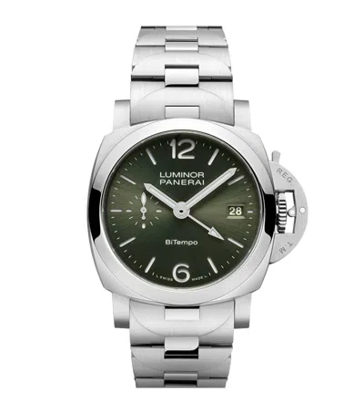 Panerai Brushed Steel Luminor Quaranta Bitempo Watch In Green