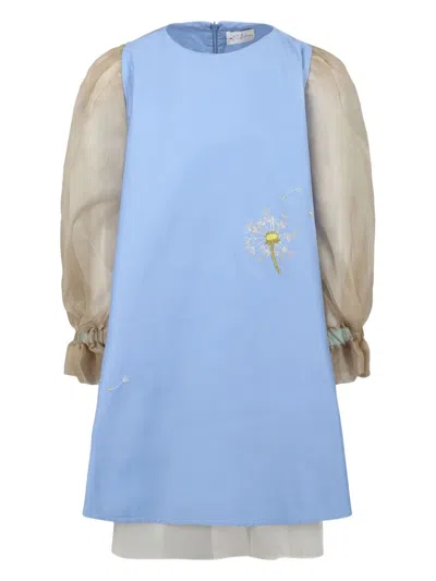 Pangolini Kids' Flower-embroidered Dress In Blue