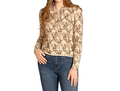 Panhandle Conversational Horse Henley Top In Cream With Brown Print