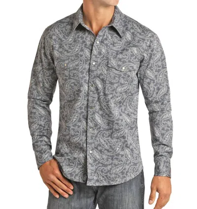 Panhandle Men's Flame Resistant Paisley Long Sleeve Shirt In Indigovariant In Gray