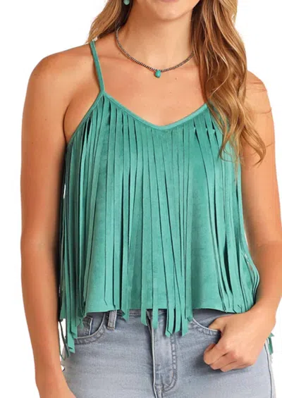 Panhandle Microsuede Fringe Tank Top In Teal In Green