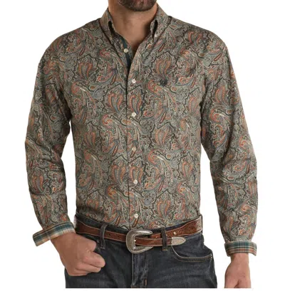 Panhandle Paisley Long Sleeve Single Pocket Button Down Shirt In Tan In Brown