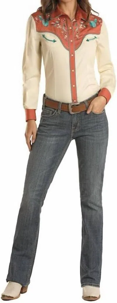 Panhandle Pearl Snap Long Sleeve Top In Cream/salmon In Multi