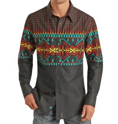 Panhandle Rock & Roll Long Sleeve 2 Pocket Border Woven Snap Shirt In Black In Animal Print