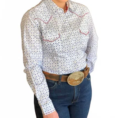 Panhandle Rough Stock For Her Western Shirt In Blue Mini Aztec In Gray