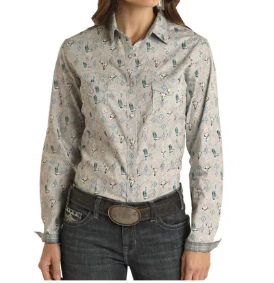 Panhandle Skull And Boot Snap Shirt In Light Grey In Multi