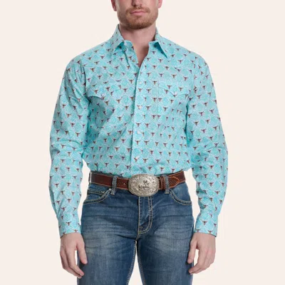 Panhandle Slim Men's Rough Stock Turquoise Steer Skull Print Long Sleeve Pearl Snap Western Shirt In Blue