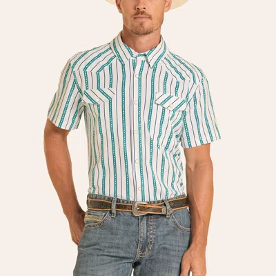 Panhandle Slim Men's White & Turquoise Stripe Print Pearl Snap Performance Western Shirt In Green