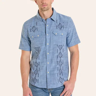 Panhandle Slim Modern Vintage Men's Blue Denim Aztec Embroidered Pearl Snap Western Shirt