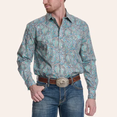 Panhandle Slim Rough Stock Men's Peacock Paisley Print Long Sleeve Pearl Snap Western Shirt In Green