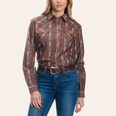 Panhandle Slim Women's Brown Aztec Stripe Print Long Sleeve Pearl Snap Western Shirt