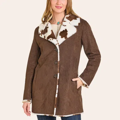 Panhandle Slim Women's Brown Cow Print Berber Lined Microsuede Coat