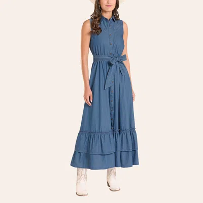 Panhandle Slim Women's Medium Wash Button Front Tiered Denim Maxi Dress In Blue