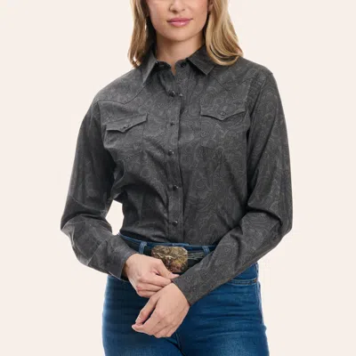 Panhandle Slim Women's Steel Gray Paisley Print Long Sleeve Pearl Snap Western Shirt In Blue