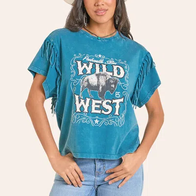 Panhandle Slim Women's Turquoise Fringed Wild West Bison Graphic T-shirt In Blue
