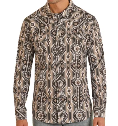 Panhandle Tek Western Aztec Print Long Sleeve Snap Shirt In Black In Neutral