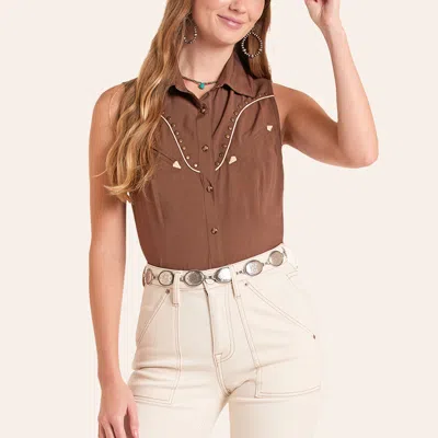 Panhandle Women's Chocolate Sleeveless Studded Western Shirt In Brown