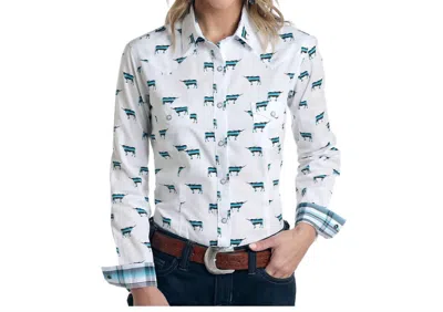 Panhandle Women's Long Sleeve Steer Print El Toro Western Snap Shirt In White