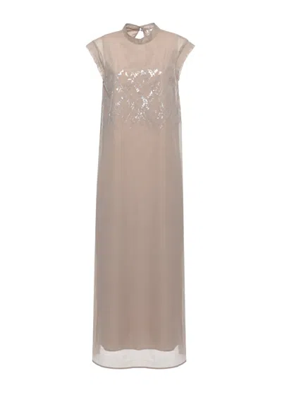 Panicale Beige Cotton And Silk Maxi Dress With Sequined Front Panel In Neutral