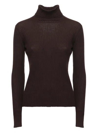 Panicale Brown High-neck Elastic Ribbed Wool Sweater