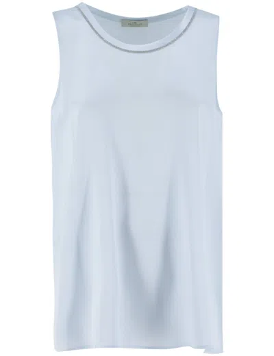 Panicale Crew Neck Silk Top With Luminous Details In Blue