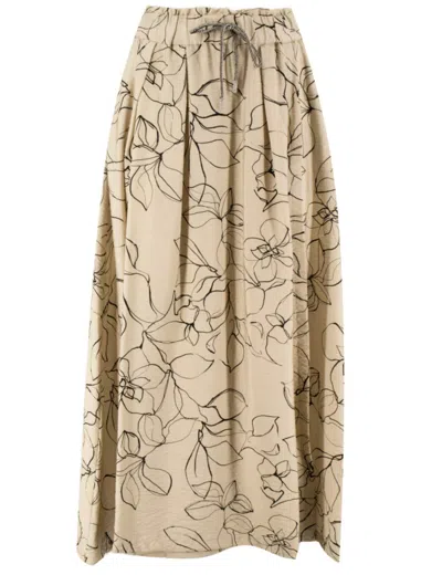 Panicale Floral Print Midi Skirt With Pleated Volume In Neutrals