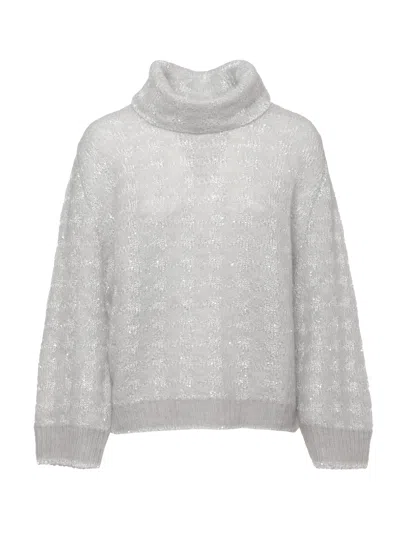 Panicale Ivory Alpaca Blend Sweater With High Neck And Paillettes In Silver