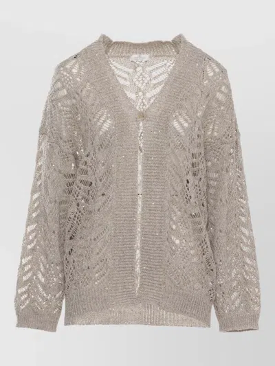 Panicale Linen Sequin Perforated Long Sleeve Cardigan In Gray