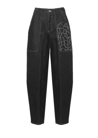Panicale Relaxed Fit Cotton Trousers With Geometric Detail In Black