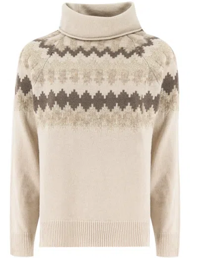 Panicale Relaxed Fit Turtleneck Jumper With Geometric Pattern In Neutrals